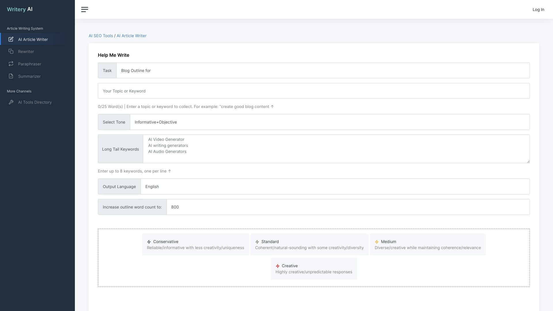 Writery AI: AI writing generator homepage screenshot
