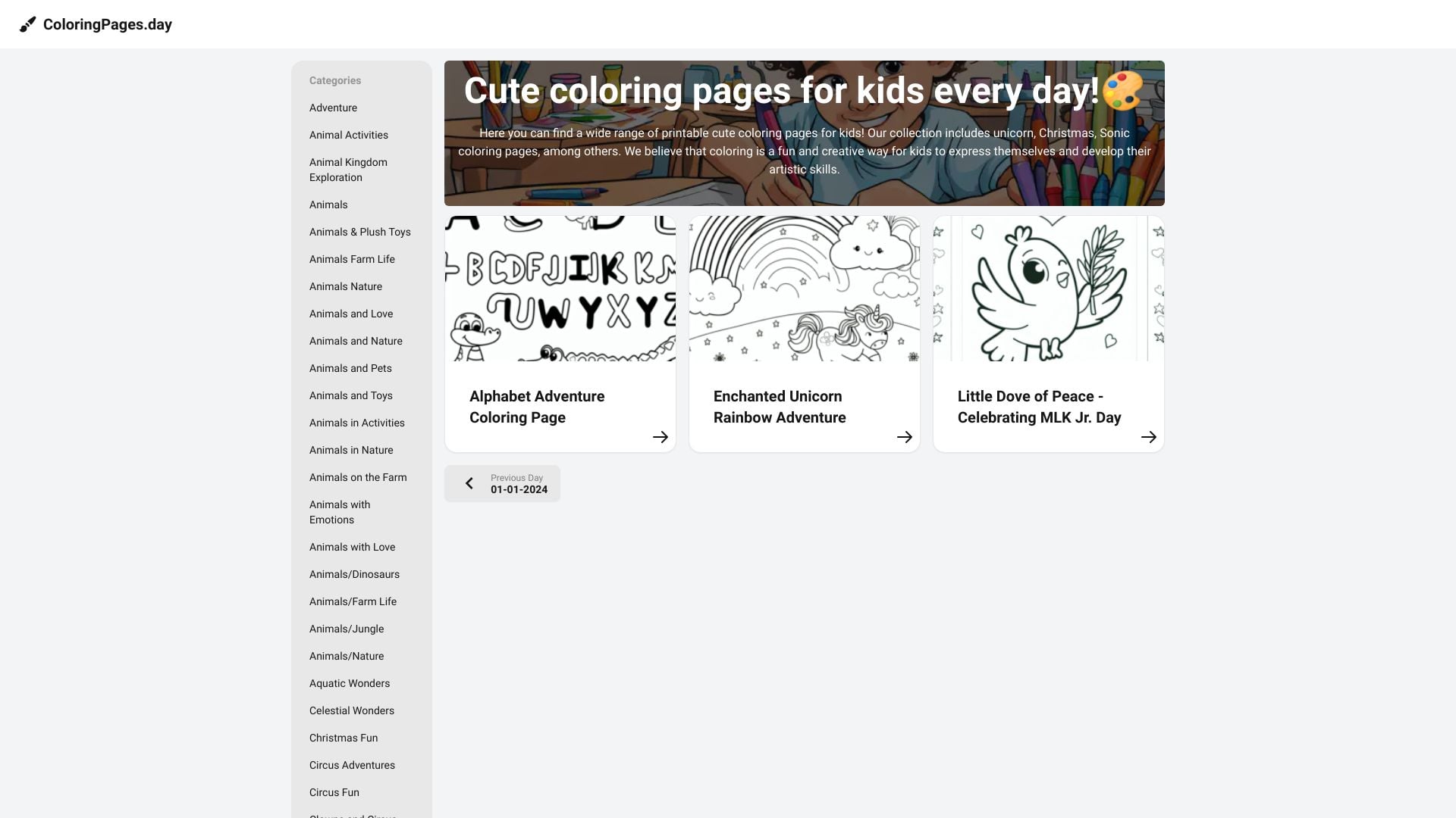 Coloring Pages Every Day homepage screenshot