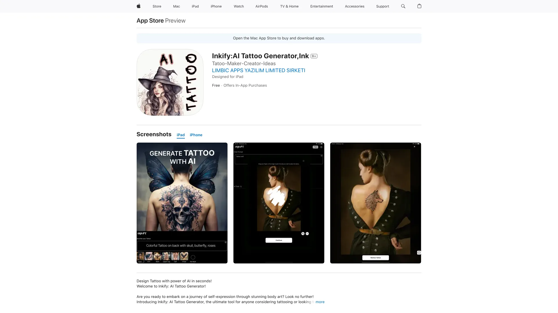 Inkify: AI Tattoo Generator homepage screenshot