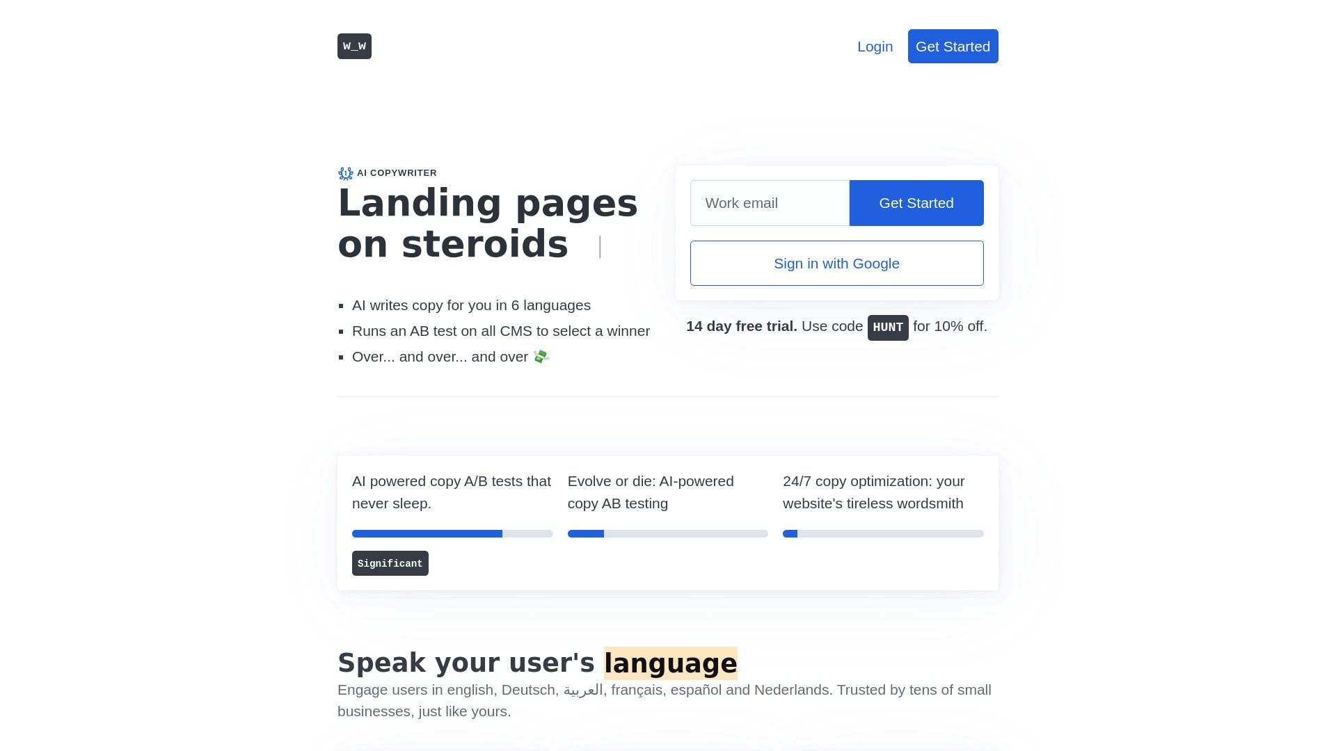 Wafrow. Landing pages on steroids homepage screenshot