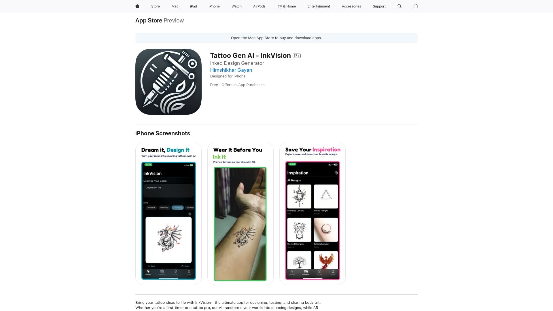 Tattoo Gen AI with AR - InkVision homepage screenshot