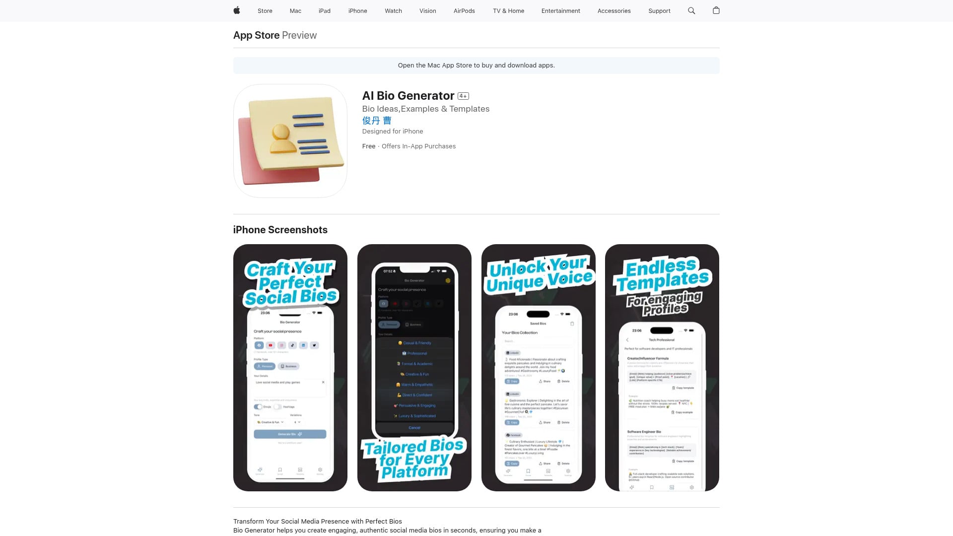 Insta, Tiktok AI Bio Generator homepage screenshot