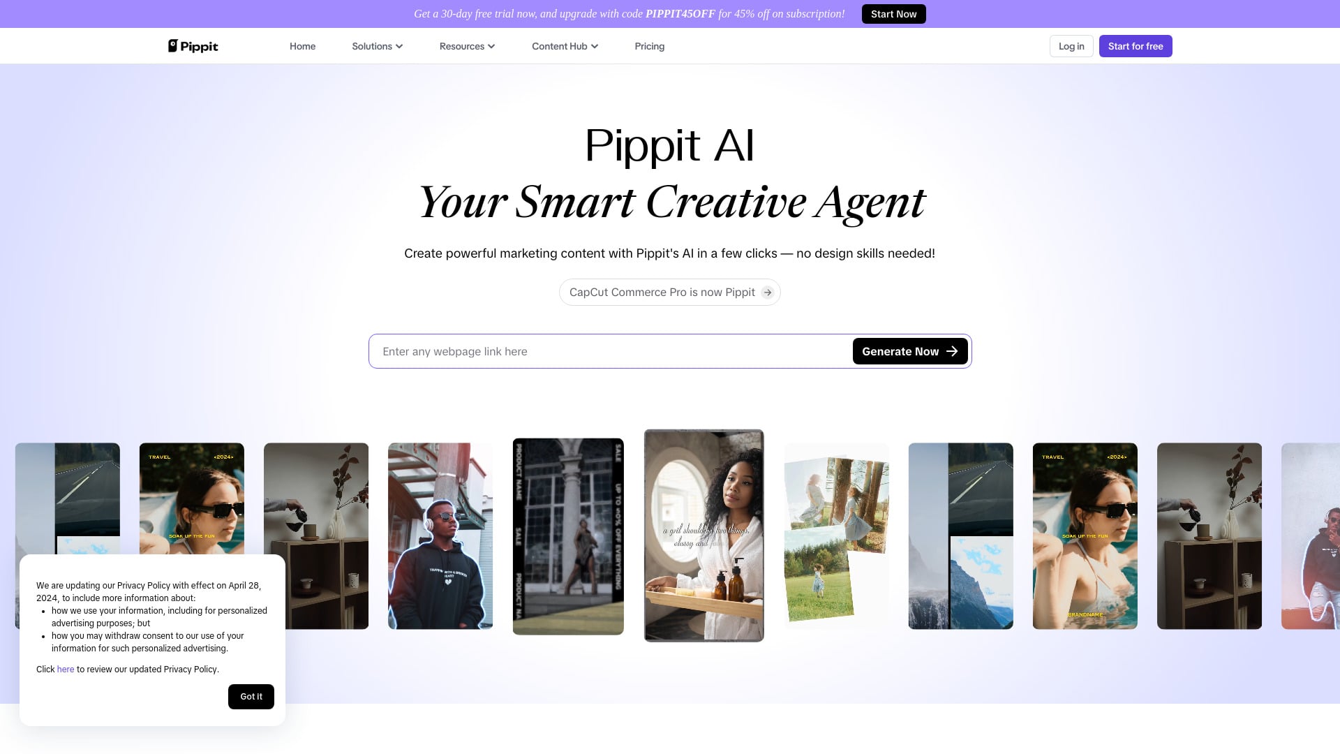 Pippit AI homepage screenshot