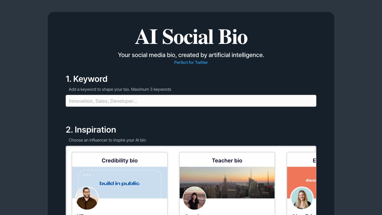 AI Social Bio homepage screenshot